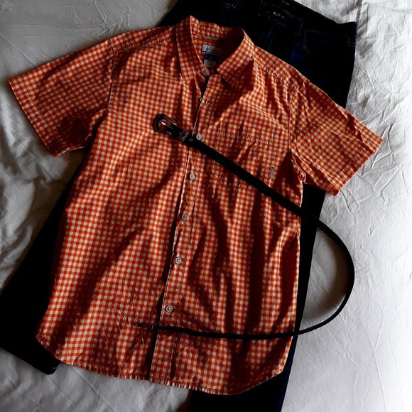 Columbia Orange Checked 100% Cotton Short-Sleeved Shirt - EUC! - Picture 1 of 6
